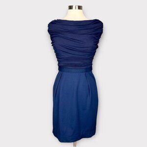 Shoshanna Womens Ruched Cocktail Dress Navy Blue Draped Boat Neck size 6